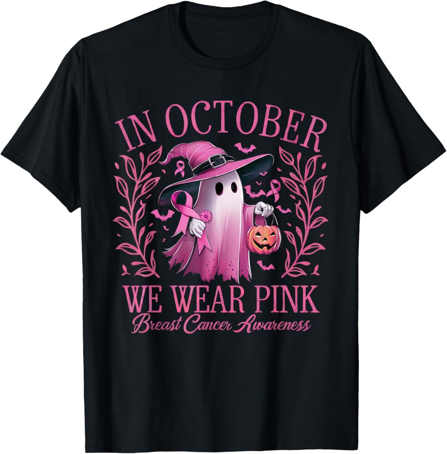 In October We Wear Pink Breast Cancer Awareness Halloween T-Shirt - T-Shirt | Black