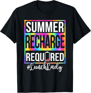 Funny Lunch Lady Summer Recharge Required Last Day of School T-Shirt - T-Shirt | Black