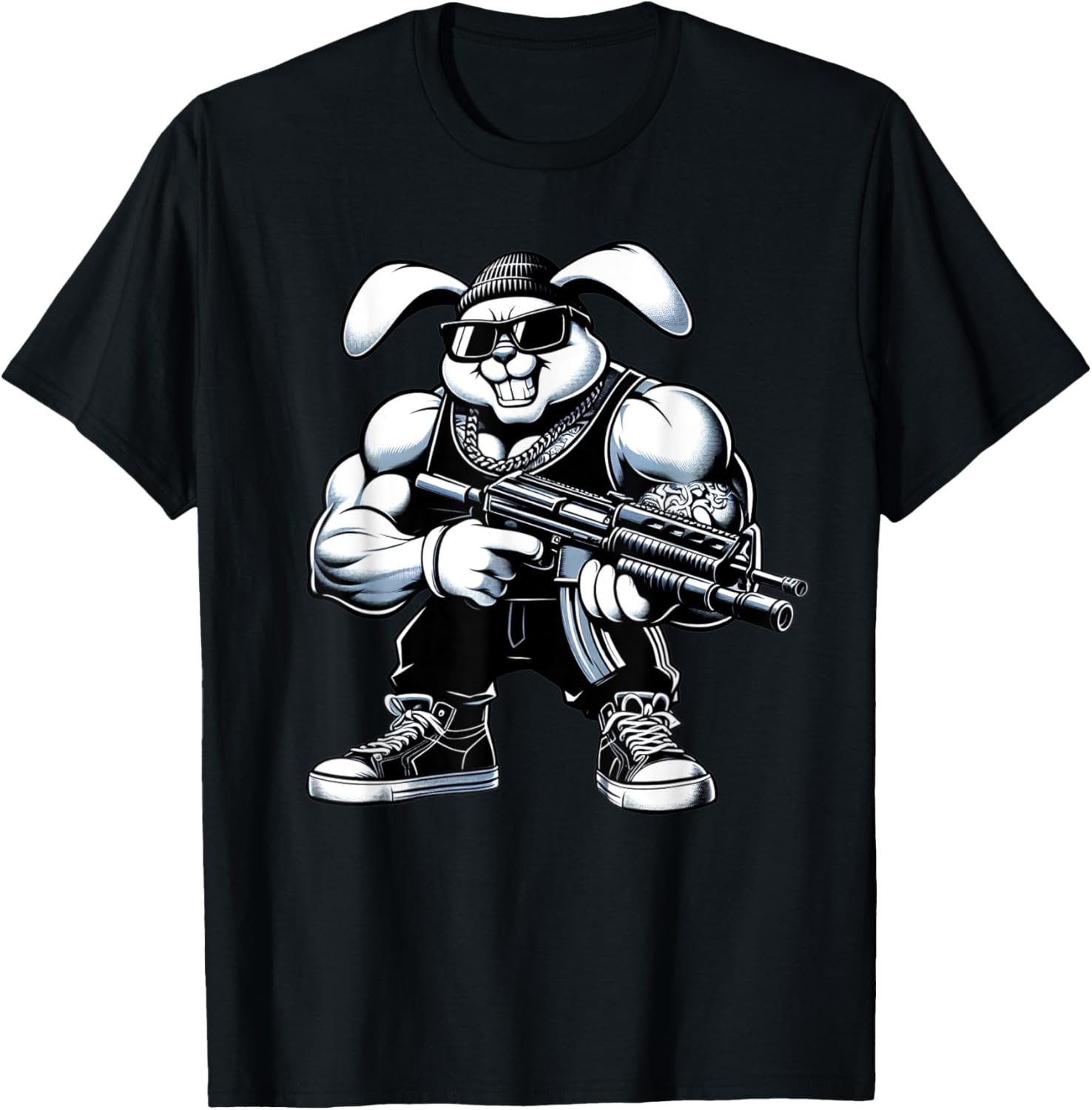 Thug Bunny Holding Gun Muscles Gangster Rabbit Lovers Art T-Shirt - T-Shirt | Black