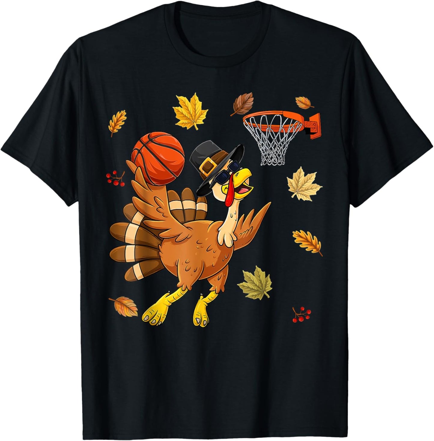 Funny Turkey Playing Basketball Happy Thanksgiving Boys Kids T-Shirt - T-Shirt | Black