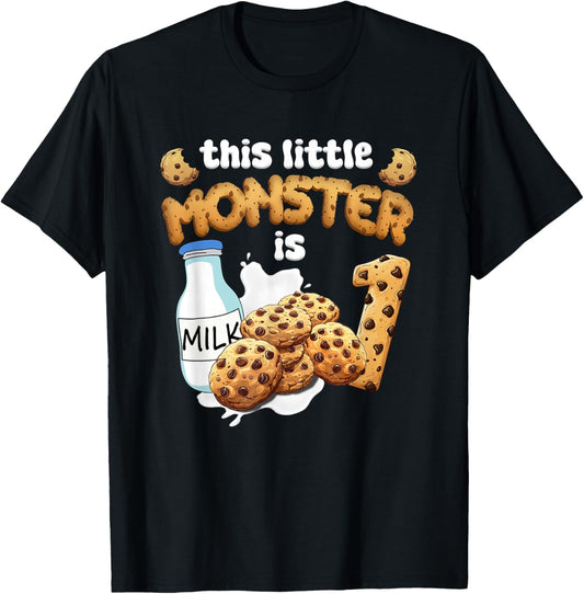 Milk and Cookies This Little Monster is 1 1st Bday Boy Girl T-Shirt - T-Shirt | Black
