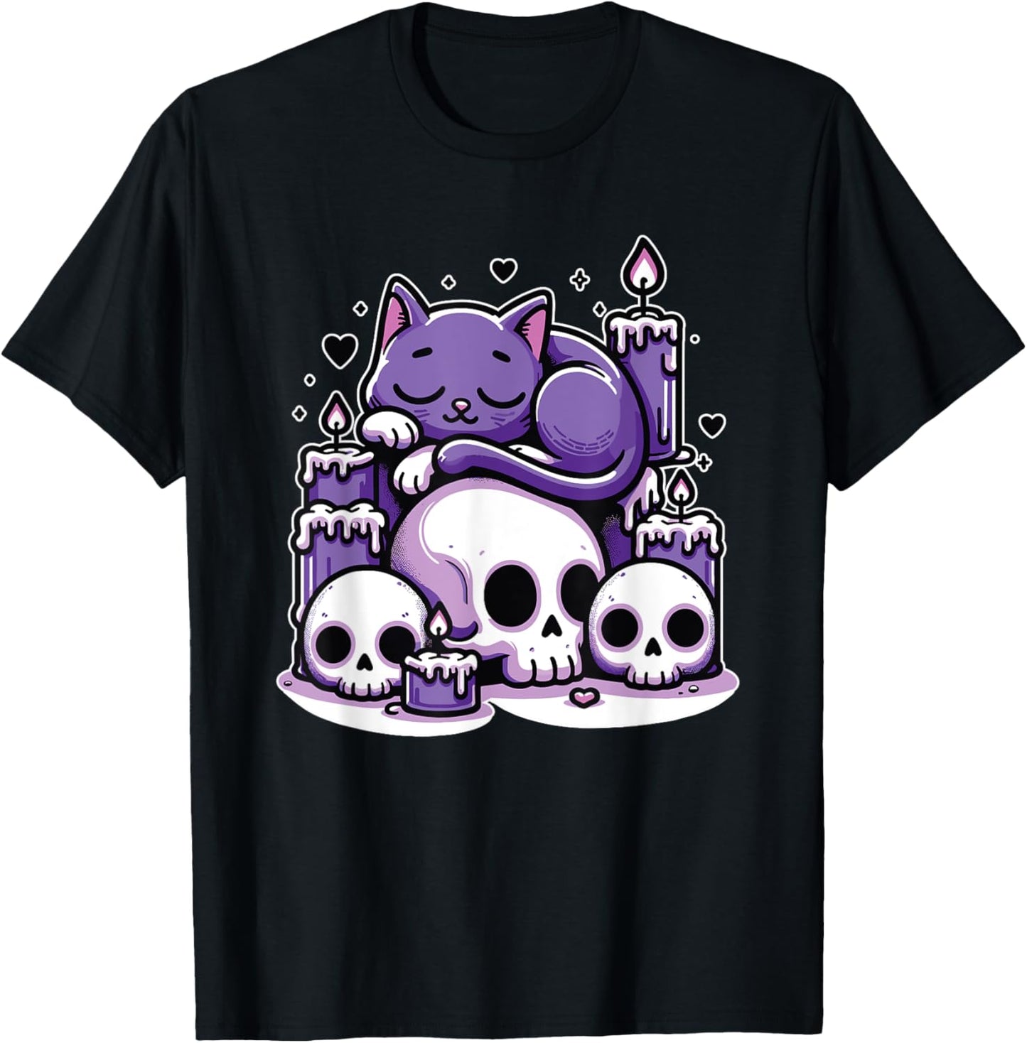Kawaii Pastel Goth Cute Creepy Cat Candles Skeleton Men Women Girls Kids T-Shirt - T-Shirt | Black