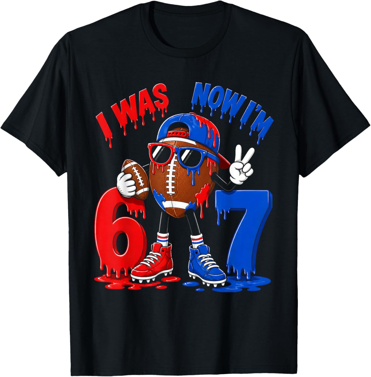 7th Birthday Boy Football Ice Cream Drip 7 Year Old Party T-Shirt - T-Shirt | Black