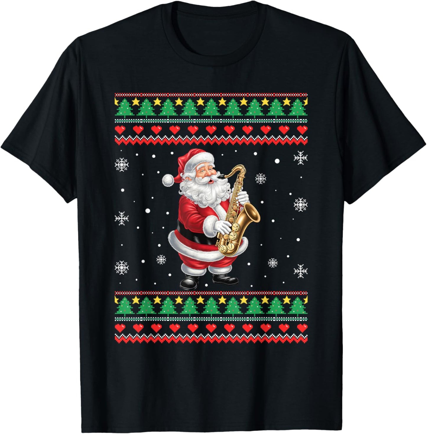 Funny Christmas Santa Saxophone Musician Ugly Xmas Men Women T-Shirt - T-Shirt | Black