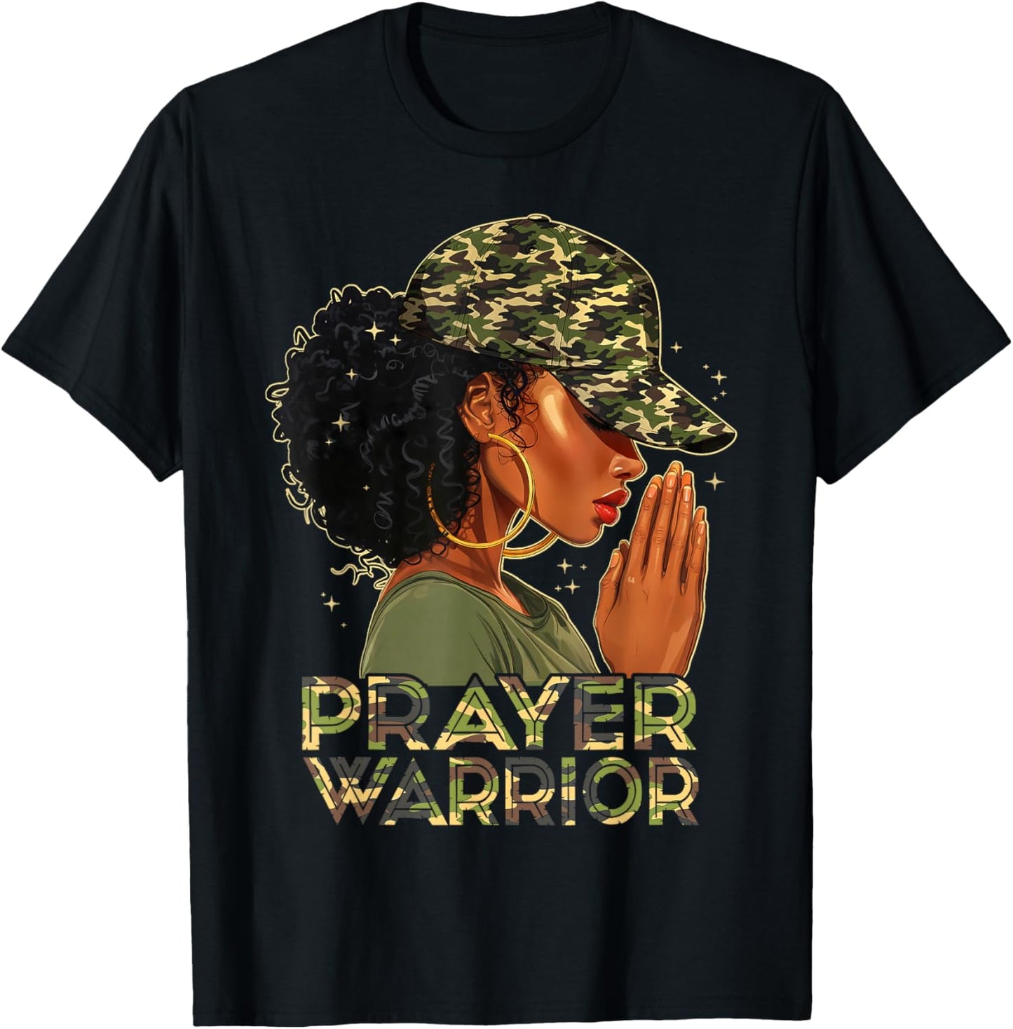 Prayer Warrior Christians Camo African American Afro Woman T-Shirt - T-Shirt | Black