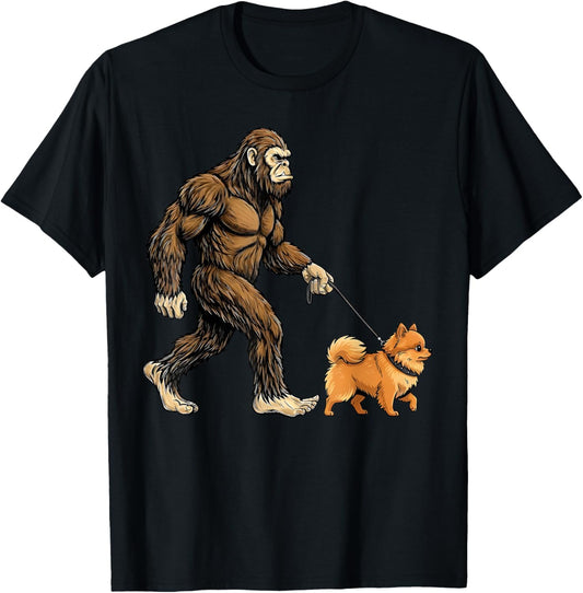 Bigfoot Walking Pomeranian Dog Funny Sasquatch T-Shirt - T-Shirt | Black