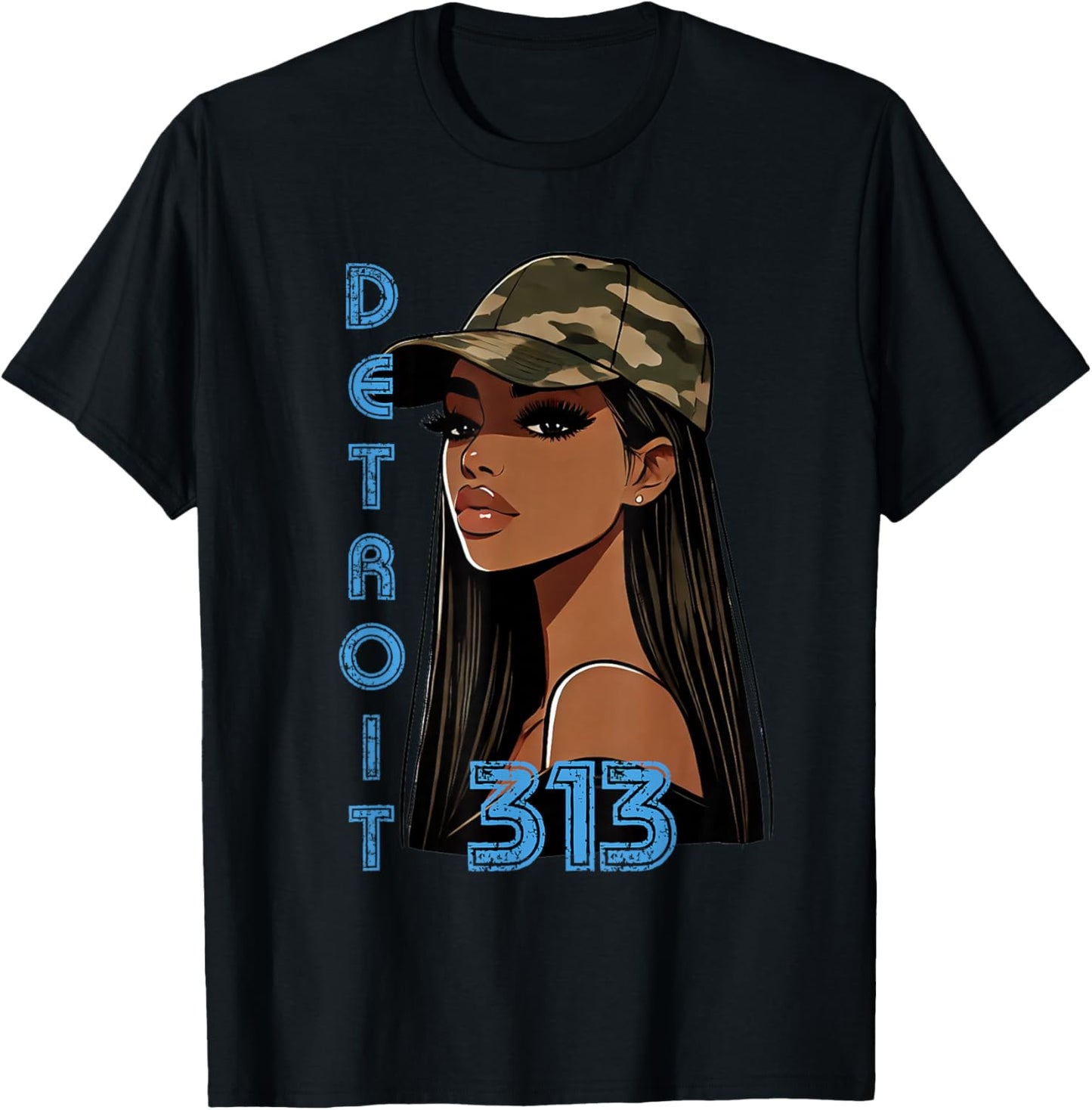 Detroit 313 Black Woman Camo Hat Hometown T-Shirt - T-Shirt | Black