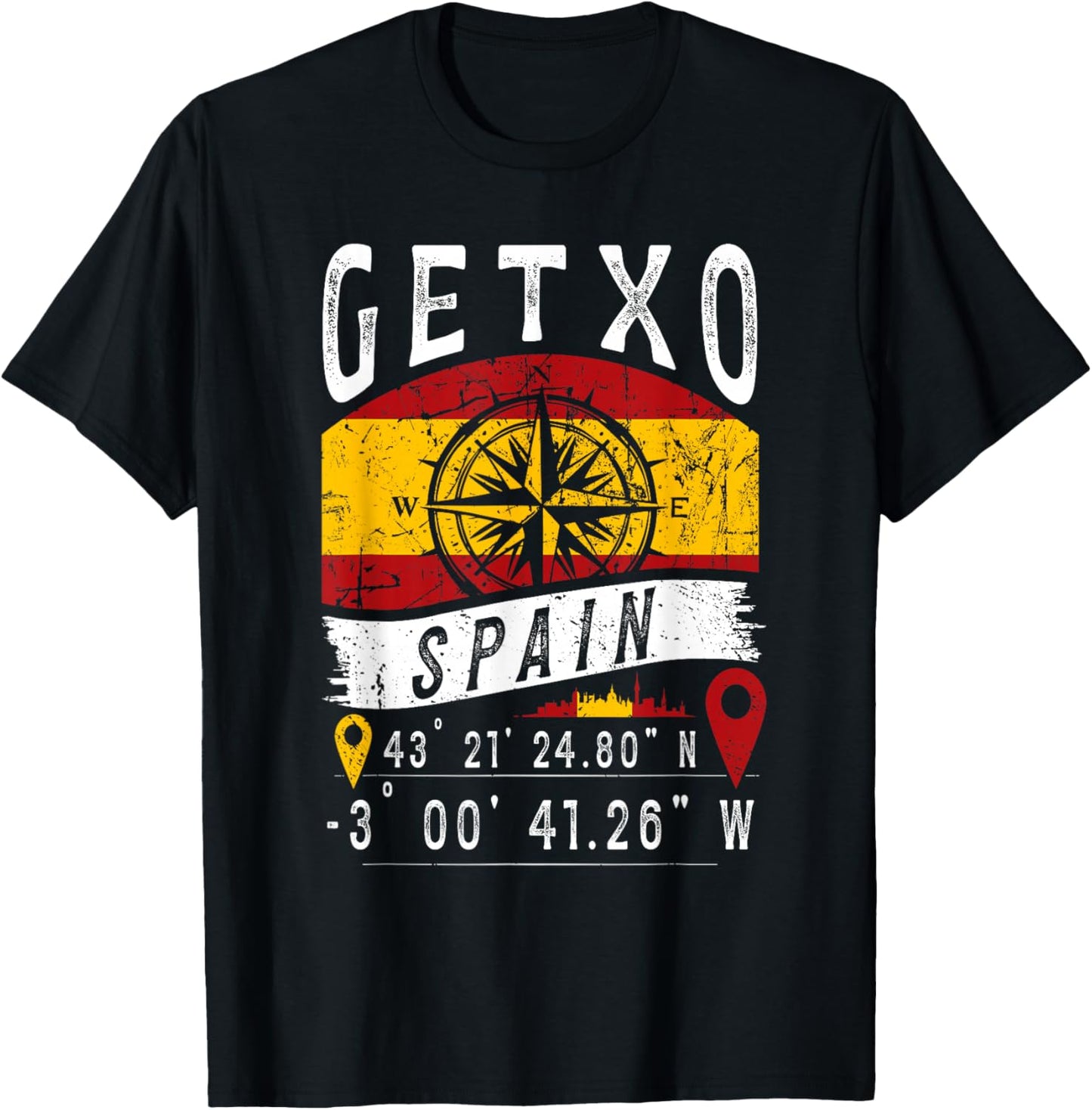 Getxo Spain Flag GPS Coordinates Of Getxo T-Shirt - T-Shirt | Black