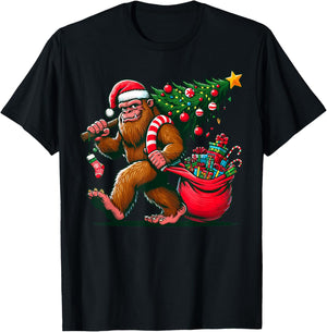 Bigfoot Christmas Tree Lights Xmas Sasquatch - -Adults, Kids - Blue - Small - Short Sleeve - - Cartoon Pattern - Winter T-Shirt - T-Shirt | Black
