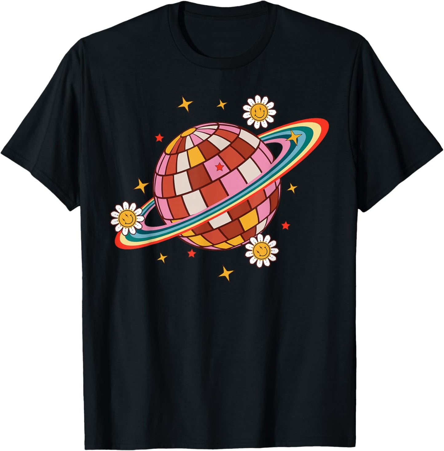 Cute Floral Disco Ball and 70s Party T-Shirt - T-Shirt | Black