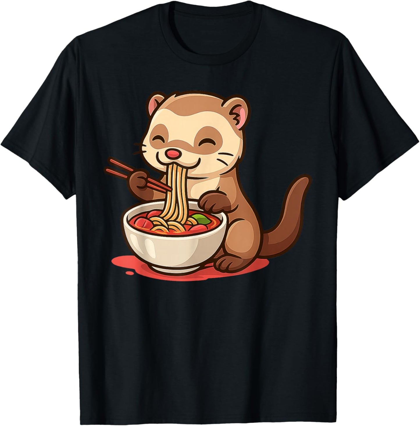 Anime Kawaii Ferret Eating Ramen Noodles Men Women Teen Kids T-Shirt - T-Shirt | Black
