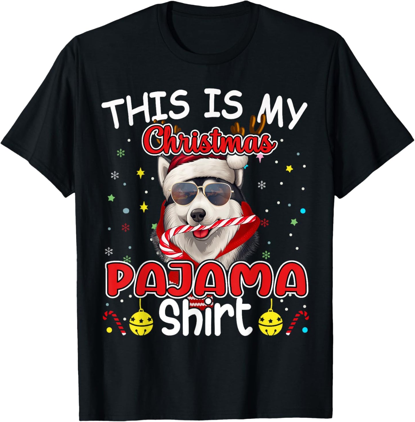 Siberian Husky Christmas Pajama Reindeer Men Women Boys Xmas T-Shirt - T-Shirt | Black