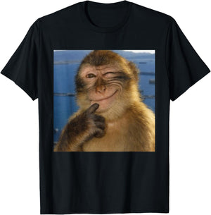 Thinking Monkey Meme Smiling Funny Brainrot T-Shirt - T-Shirt | Black
