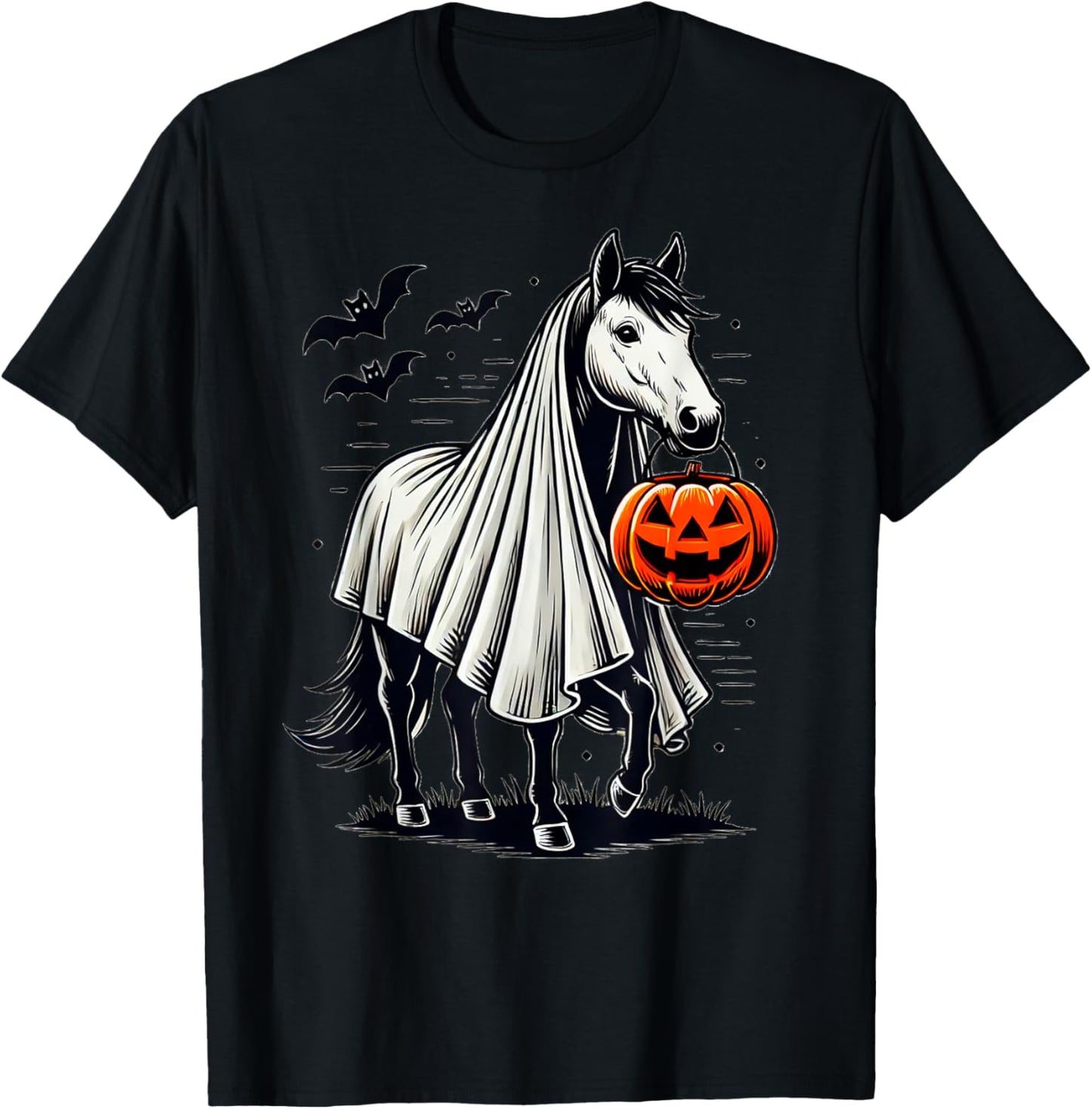 Halloween Horse With Pumpkin Ghost Costume Rider Riding T-Shirt - T-Shirt | Black