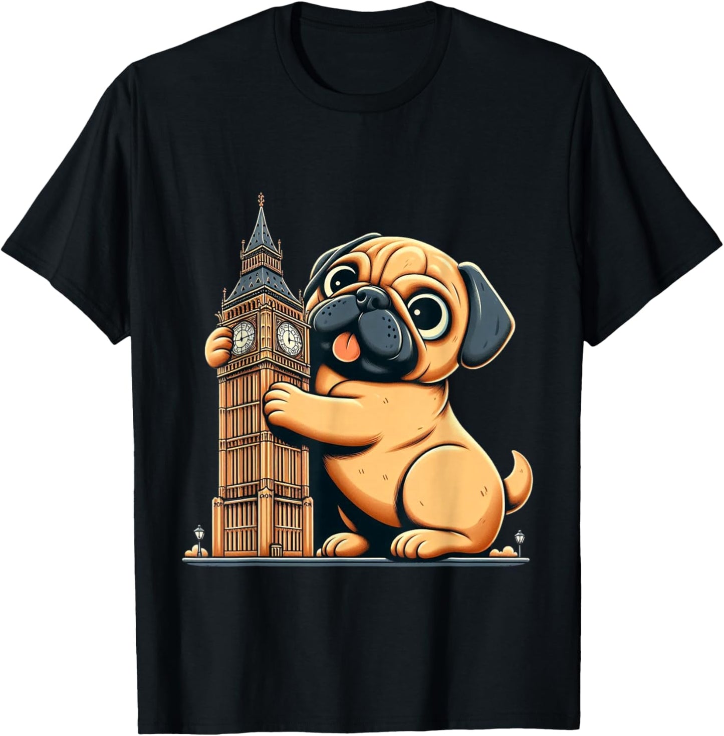 Pug Dog Owner Tourist Big Ben London Men Women Kids Family T-Shirt - T-Shirt | Black