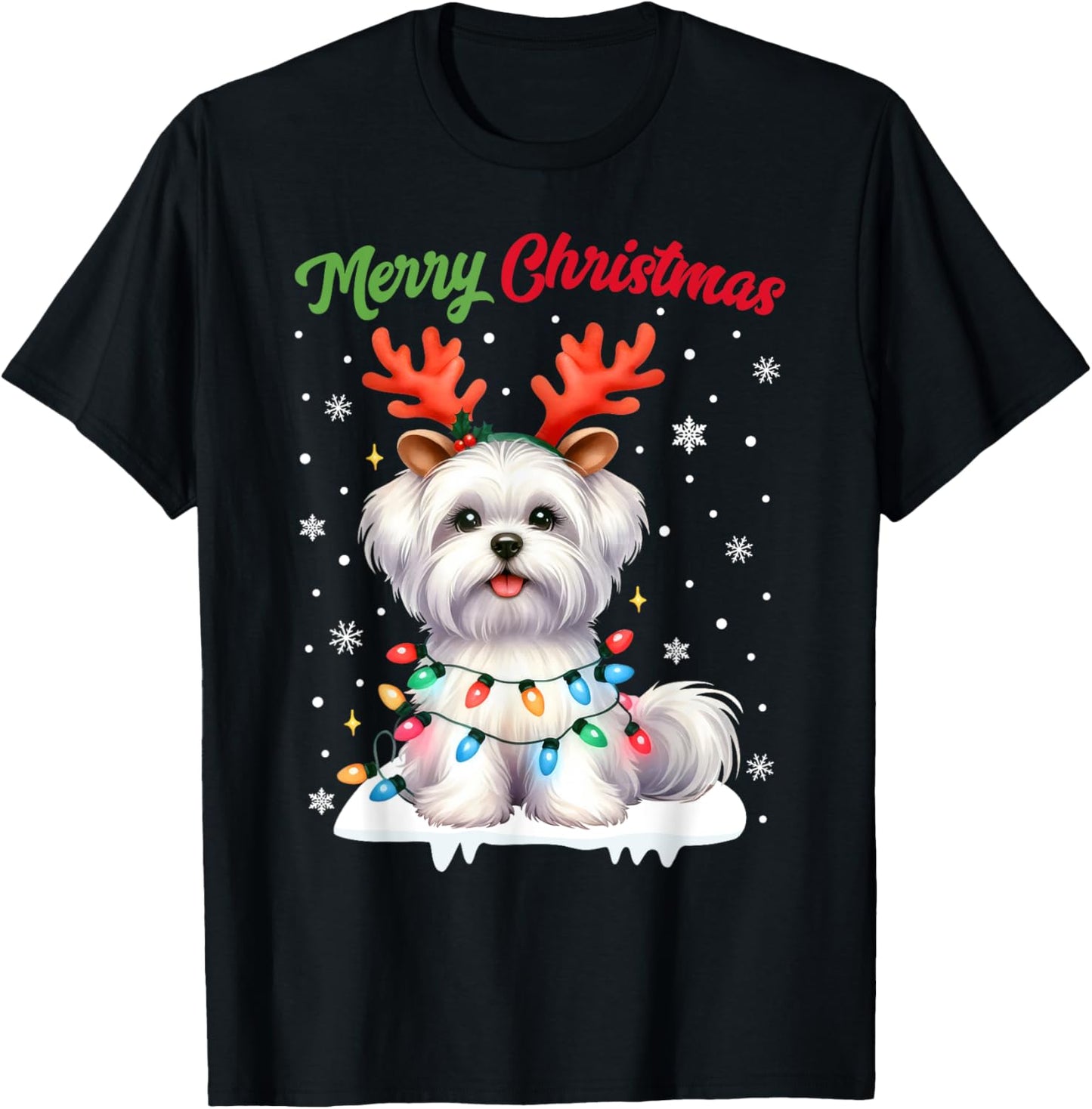 Christmas Pajamas Men Women Kids Maltese Dog Christmas T-Shirt - T-Shirt | Black
