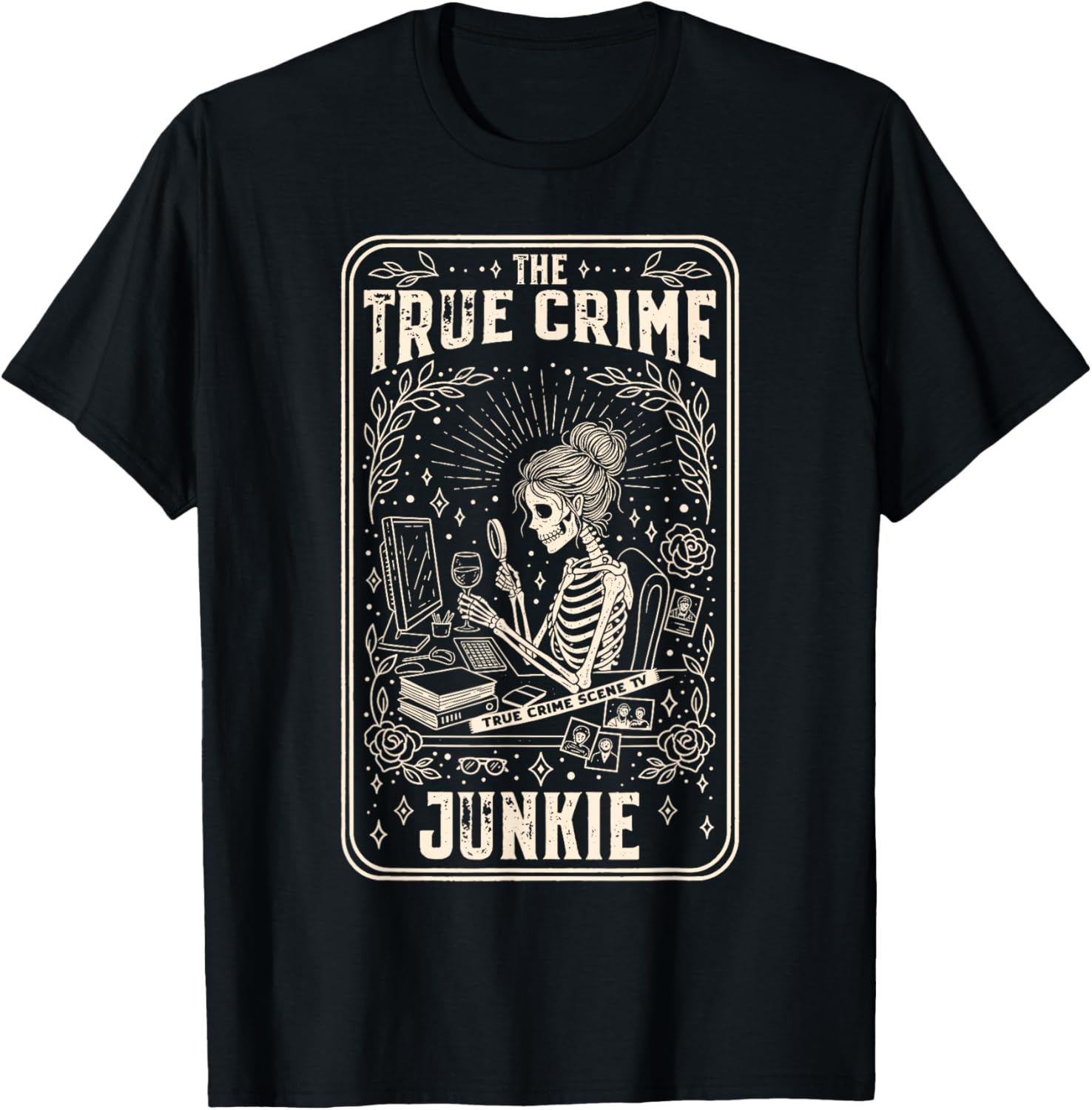 True Crime Junkie Tarot Card Forensic Science Skeleton T-Shirt - T-Shirt | Black
