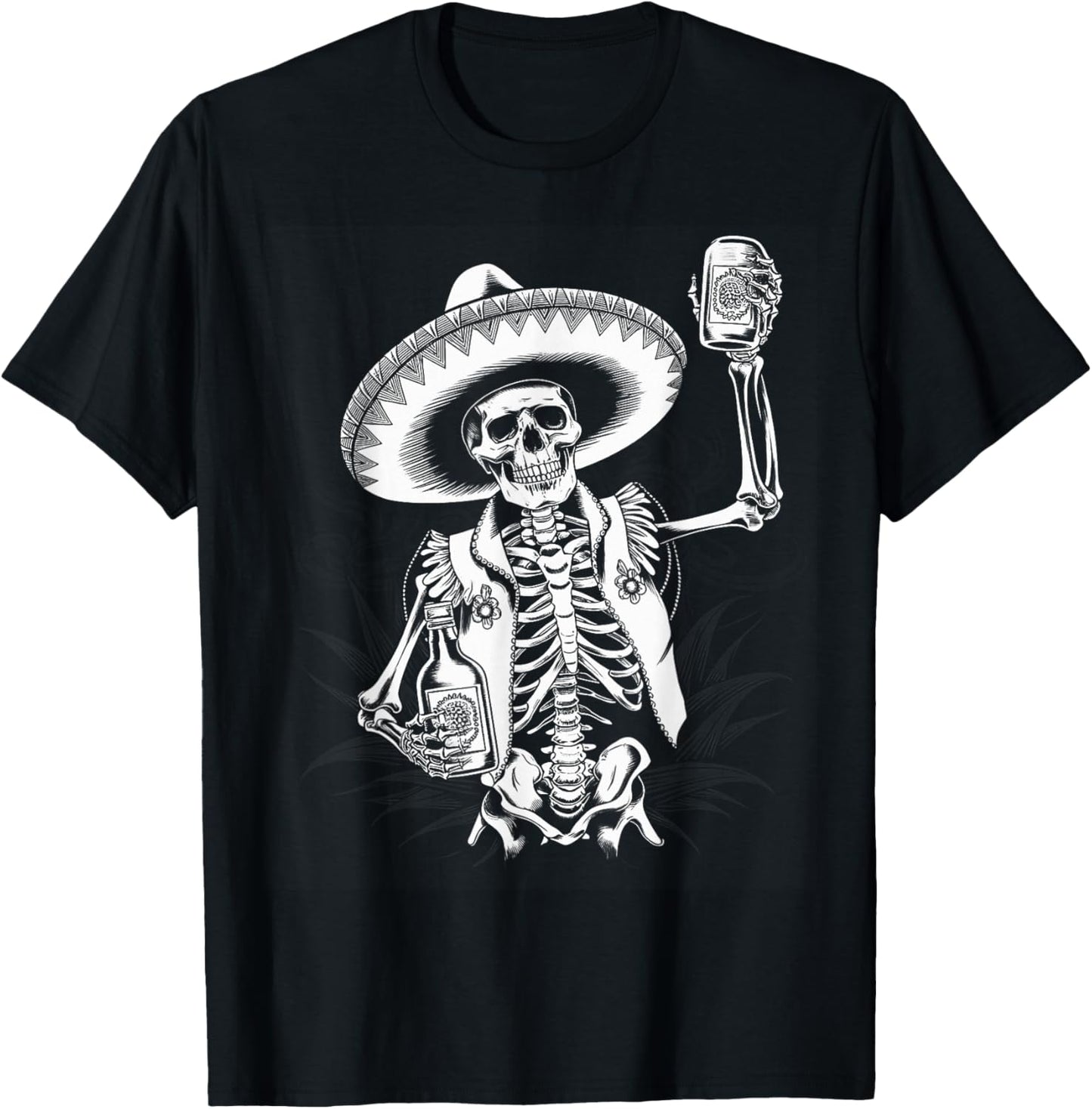 Mexico Vintage Skeleton Tequila Dia De Los Muertos Mexican T-Shirt - T-Shirt | Black