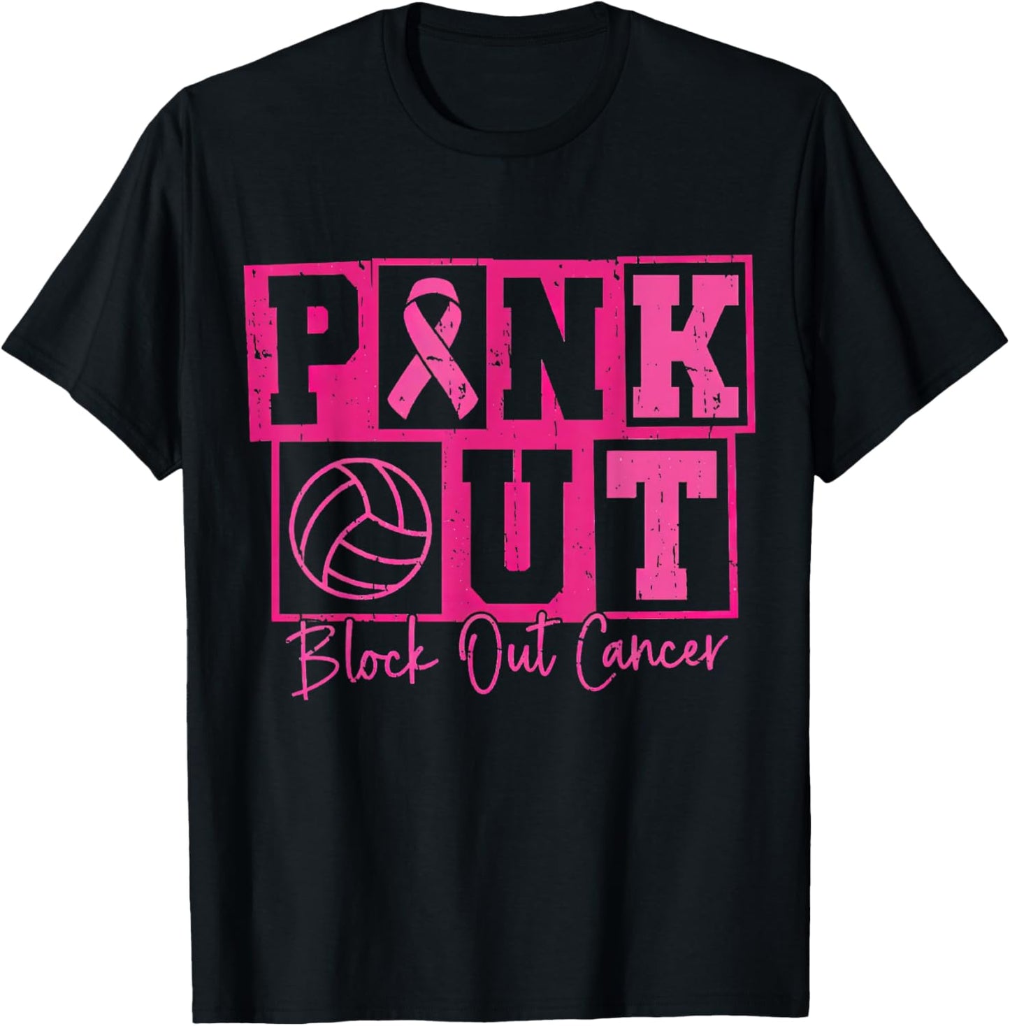 Volleyball Breast Cancer Awareness Block Out Cancer T-Shirt - T-Shirt | Black