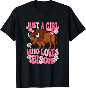 Just A Girl Who Loves Bison Groovy Kawaii Buffalo Girl T-Shirt - T-Shirt | Black
