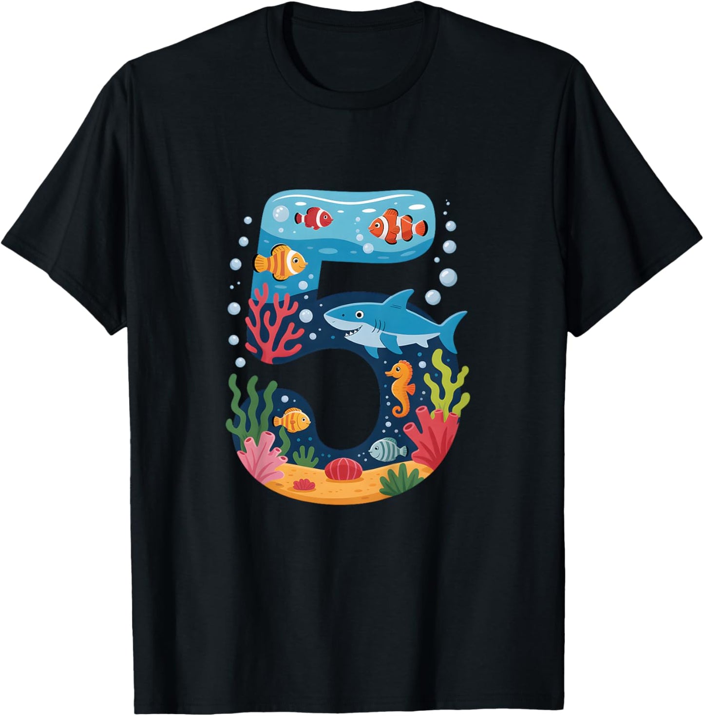 5. Geburtstag Ozean und Meerestiere Hai Kinder fünf Jahre alt T-Shirt - T-Shirt | Black