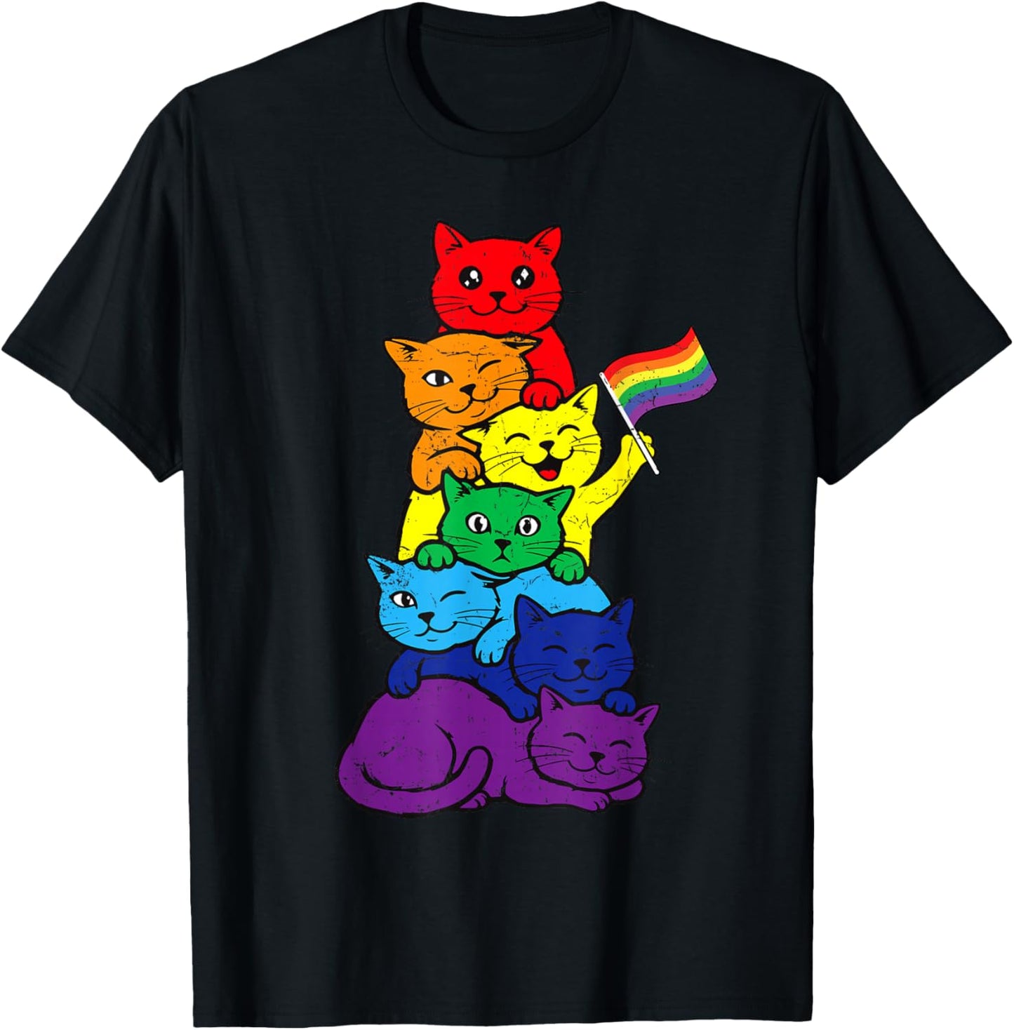 Cat Stack Rainbow Lesbian Gay Pride Ally LGBT Men Women Kids T-Shirt - T-Shirt | Black
