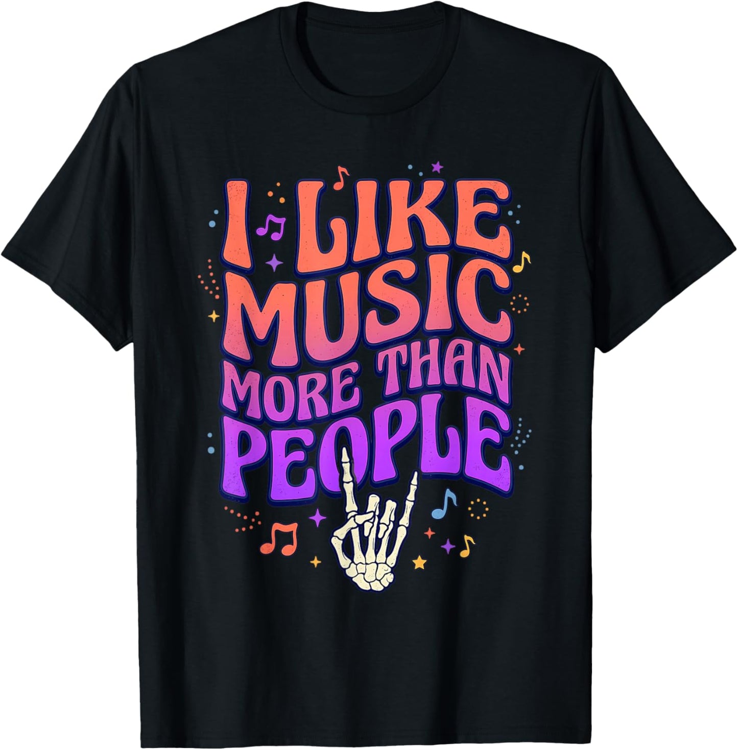 I Like Music More Than People Retro Skeleton Hand Rock On T-Shirt - T-Shirt | Black