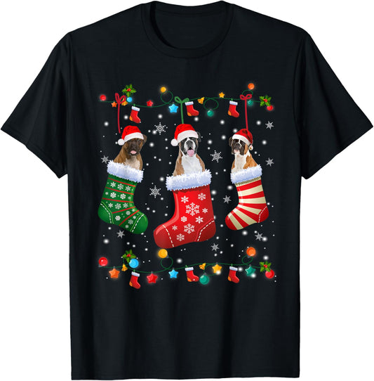 Christmas Socks Pajama Boxer Dog Puppy Lover Women Kids T-Shirt - T-Shirt | Black