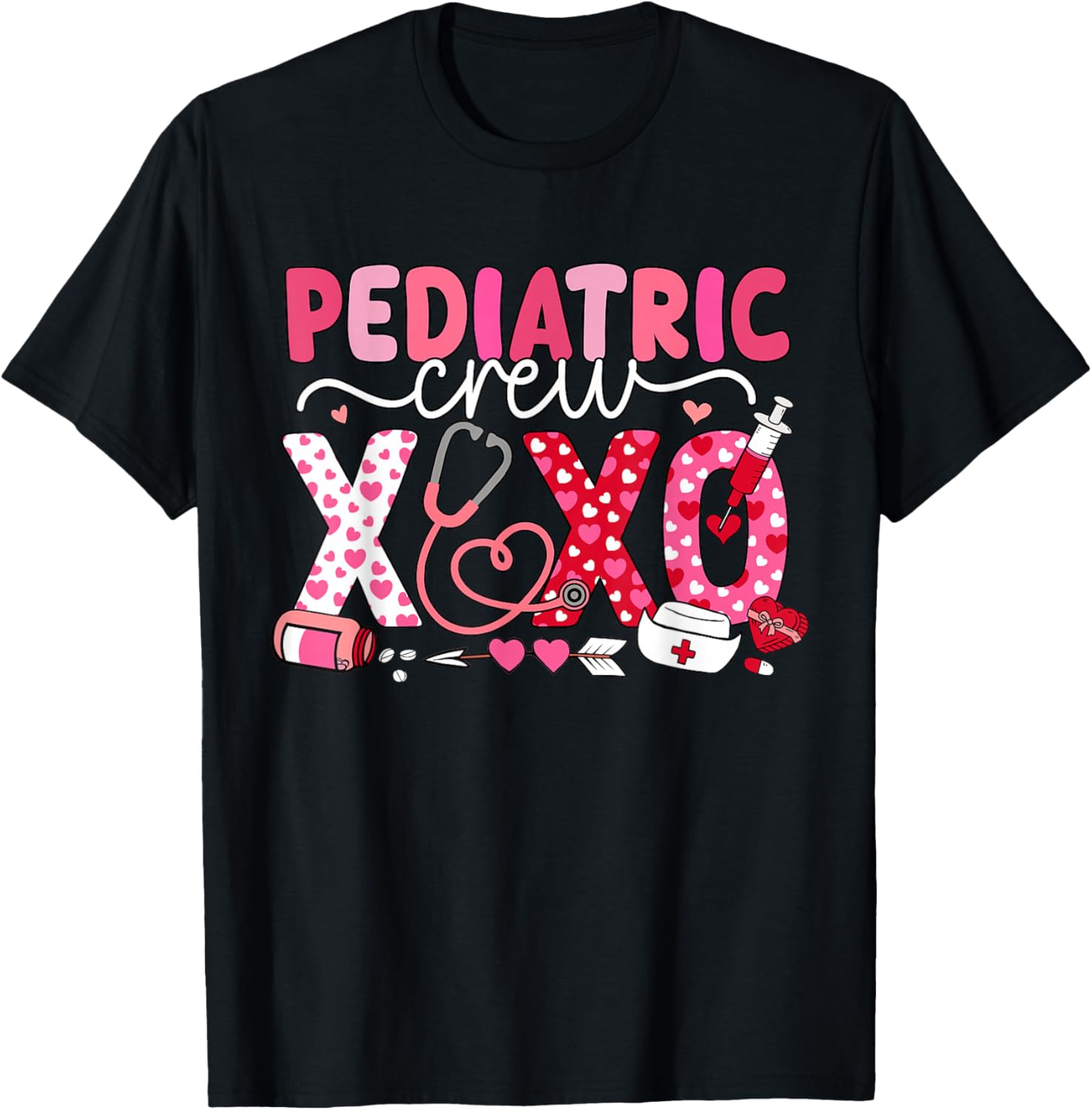 XOXO Nurse Pediatric Crew Nurse Valentine Leopard Crew PEDS T-Shirt - T-Shirt | Black
