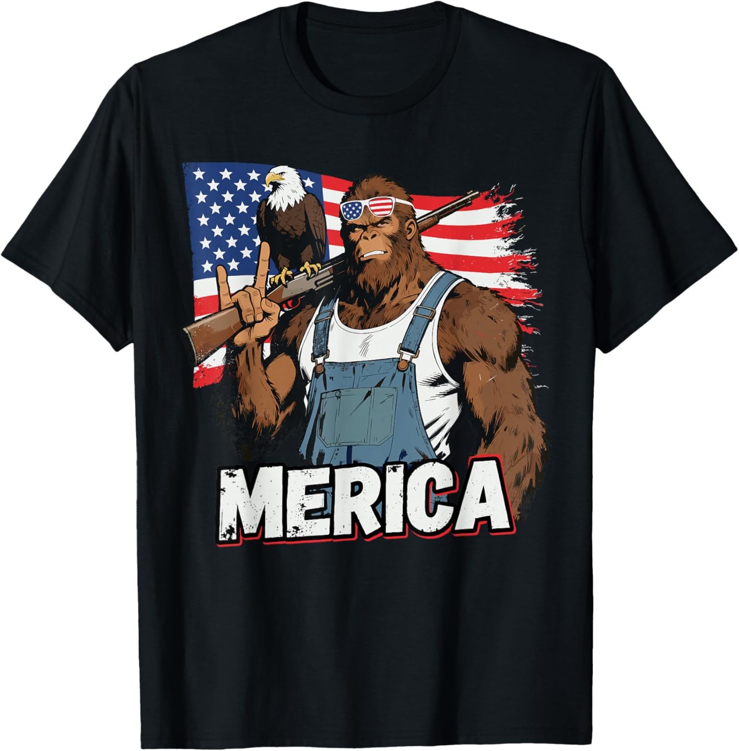 Bigfoot Merica Rock USA Flag Patriotic Sasquatch 4th of July T-Shirt - T-Shirt | Black