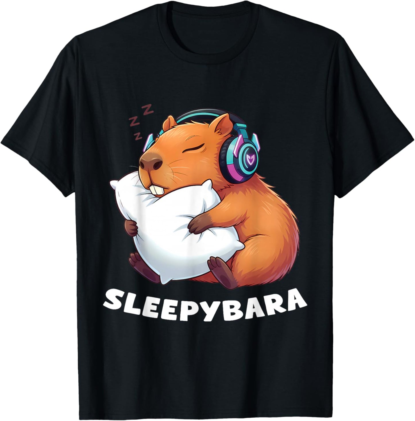 Funny Capybara Sleepybara Gamer Video Games T-Shirt - T-Shirt | Black