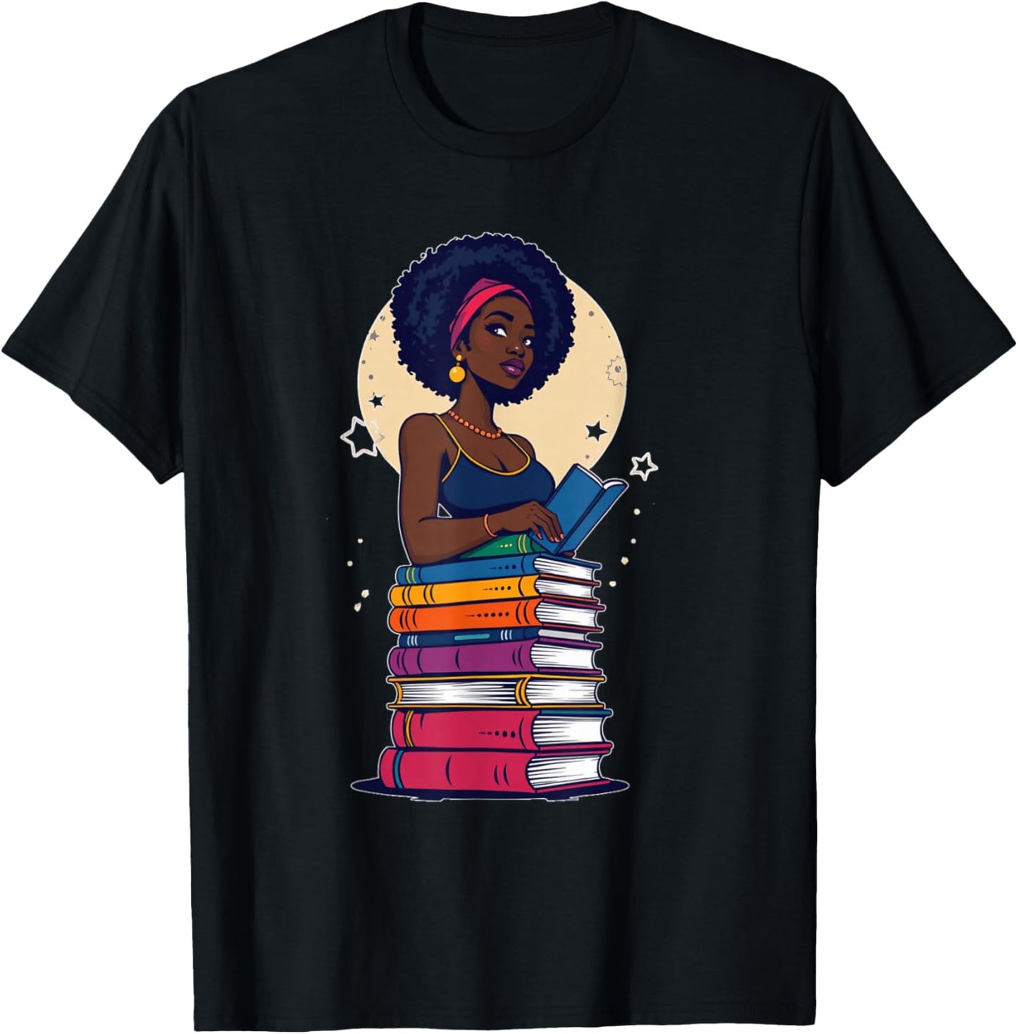 Black Woman And Books Stack - Afro Girl Reading Lover T-Shirt - T-Shirt | Black