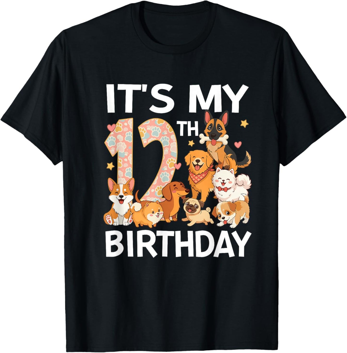 Dog Theme It's My 12th Birthday Party 12 Year Old Dog Lover T-Shirt - T-Shirt | Black