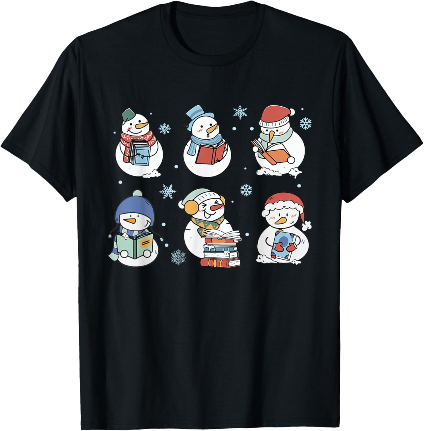 Snowman Reading Book Christmas Club Lover Bookish Librarian T-Shirt - T-Shirt | Black