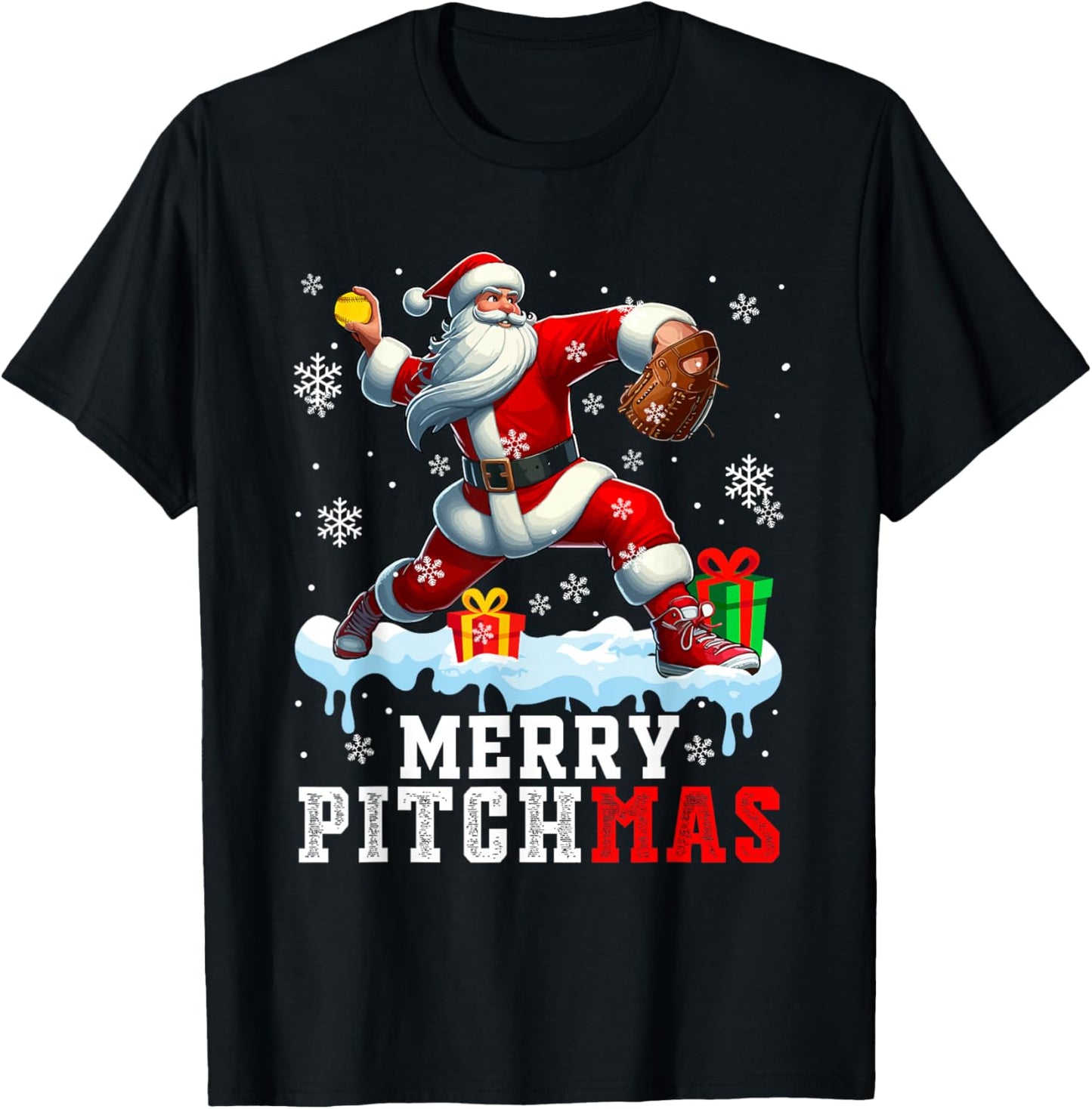 Merry Pitchmas Christmas Santa Pitcher Playing Softball T-Shirt - T-Shirt | Black