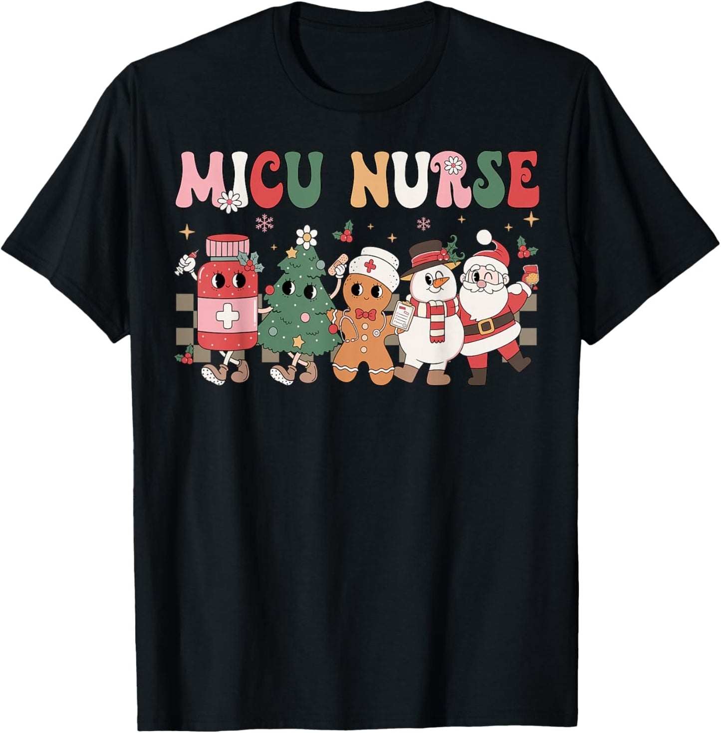 MICU Nurse Christmas Tree Gingerbread Nurse Retro T-Shirt - T-Shirt | Black