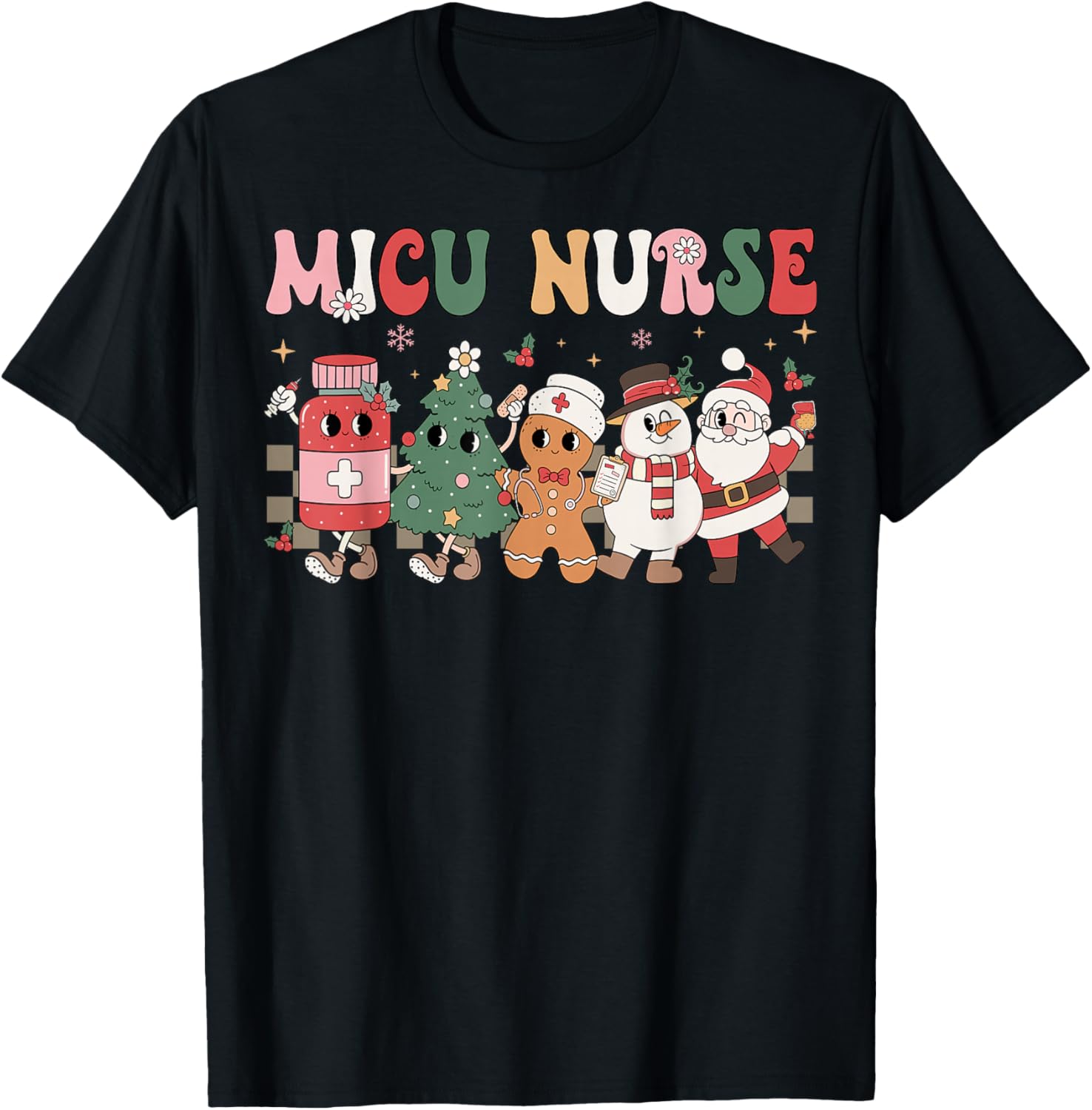 MICU Nurse Christmas Tree Gingerbread Nurse Retro T-Shirt - T-Shirt | Black