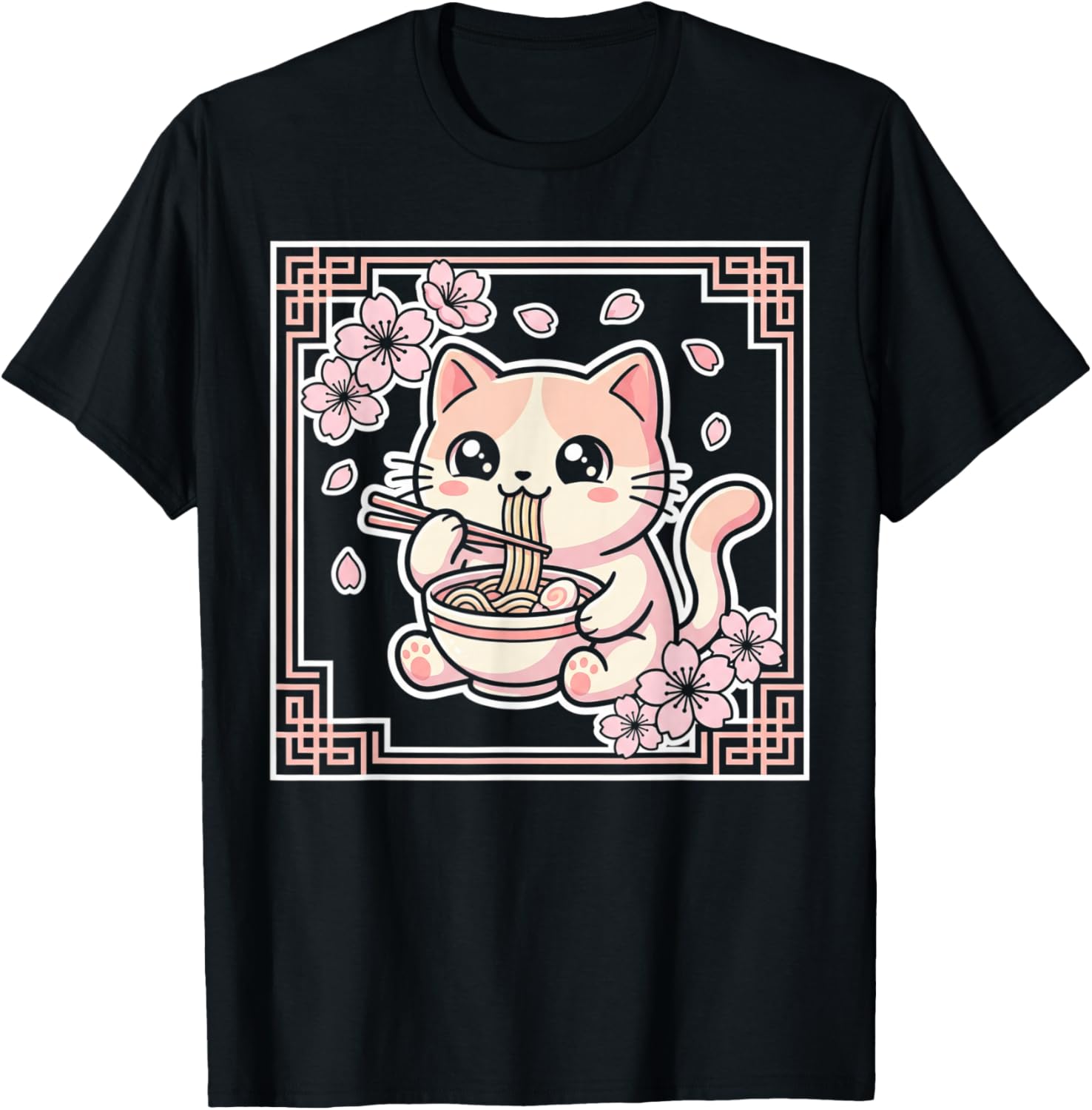 Kawaii Cat Ramen Anime Japanese Cherry Blossom Women Girls T-Shirt - T-Shirt | Black