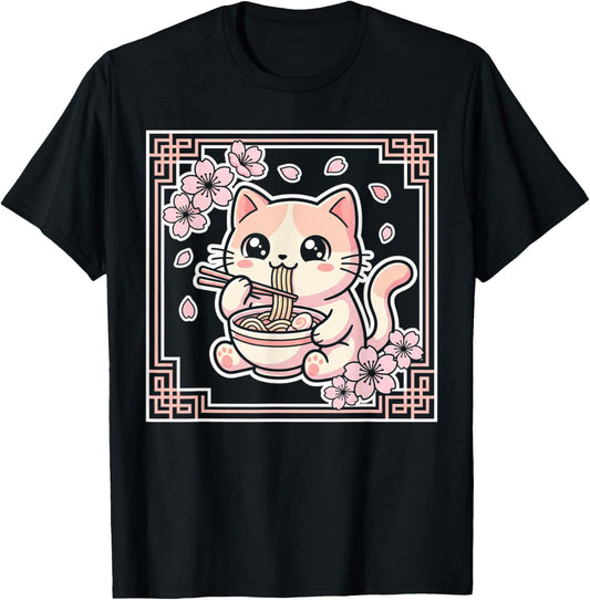 Kawaii Cat Ramen Anime Japanese Cherry Blossom Women Girls T-Shirt - T-Shirt | Black