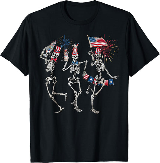 Dancing Skeleton US Flag 4th Of July Fireworks Patriotic Women Men T-Shirt - T-Shirt | Black