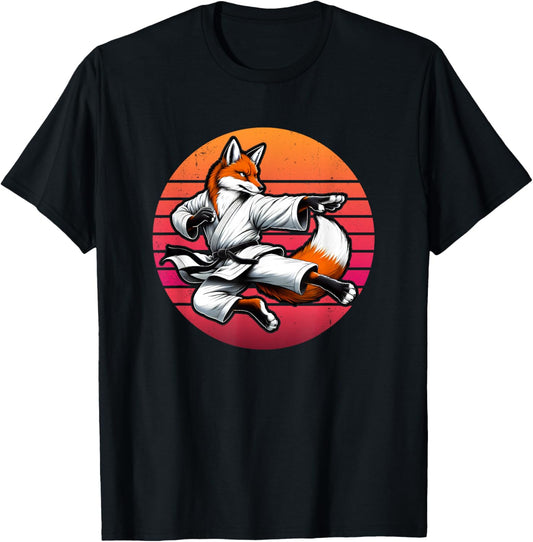 Fox Karate Cartoon Retro Sunset Kids Girls Boys Karate Foxes T-Shirt - T-Shirt | Black