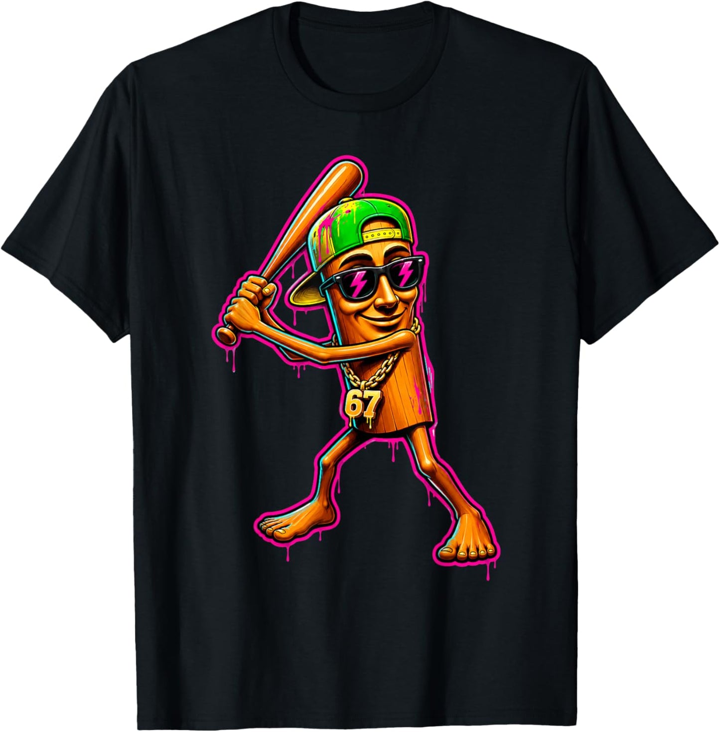 Brainrot Tung Tung Sahur Bat Swing Graffiti Drip Meme Art T-Shirt - T-Shirt | Black
