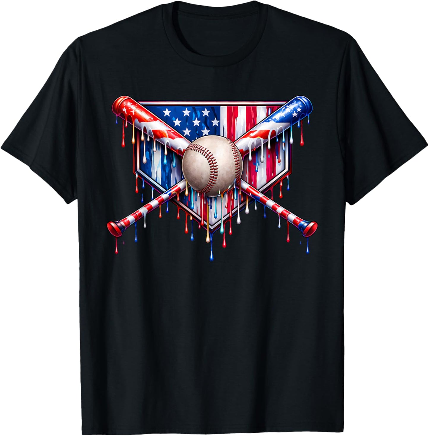 Patriotic Baseball Drip American Flag Boys Youth 4th of July T-Shirt - T-Shirt | Black