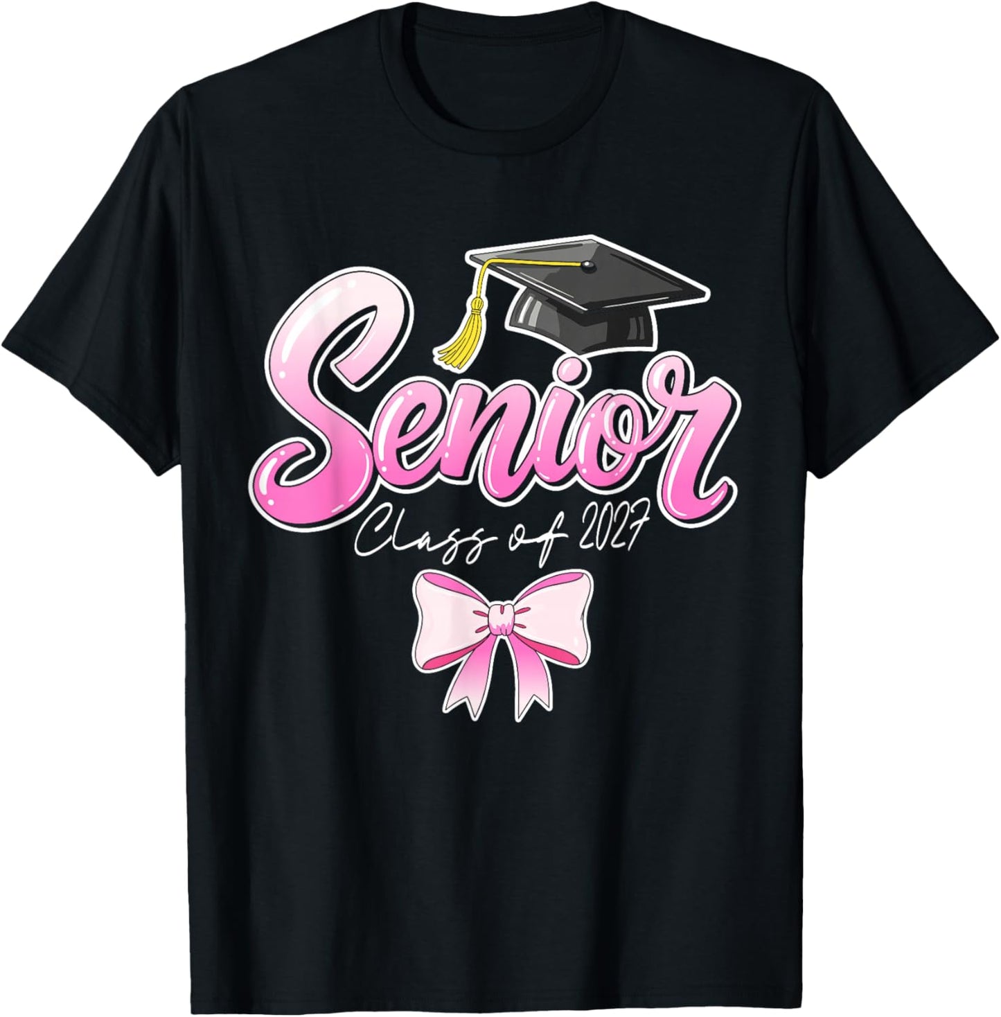 Senior Graduation Class 2027 Graduate Girls Pink Ribbon T-Shirt - T-Shirt | Black