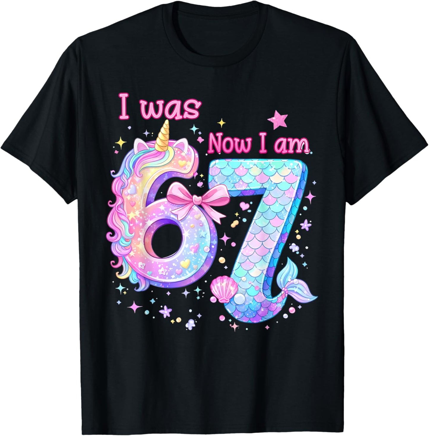 I was 6 Now I'm 7 Mermaid Unicorn Coquette Bow Birthday Girl T-Shirt - T-Shirt | Black