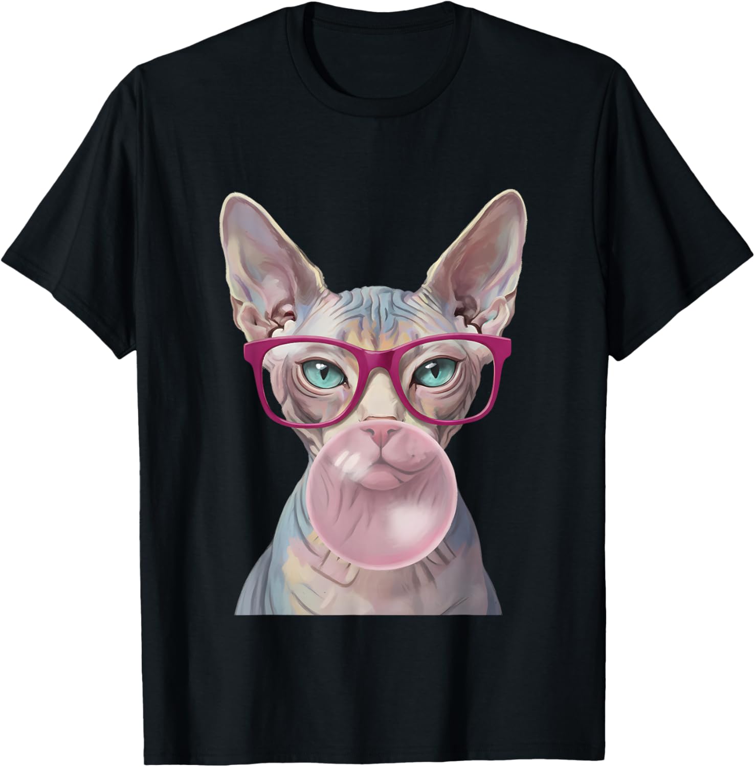 Sphynx Cat Glasses Bubble Gum Funny Hairless Women T-Shirt - T-Shirt | Black