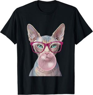Sphynx Cat Glasses Bubble Gum Funny Hairless Women T-Shirt - T-Shirt | Black