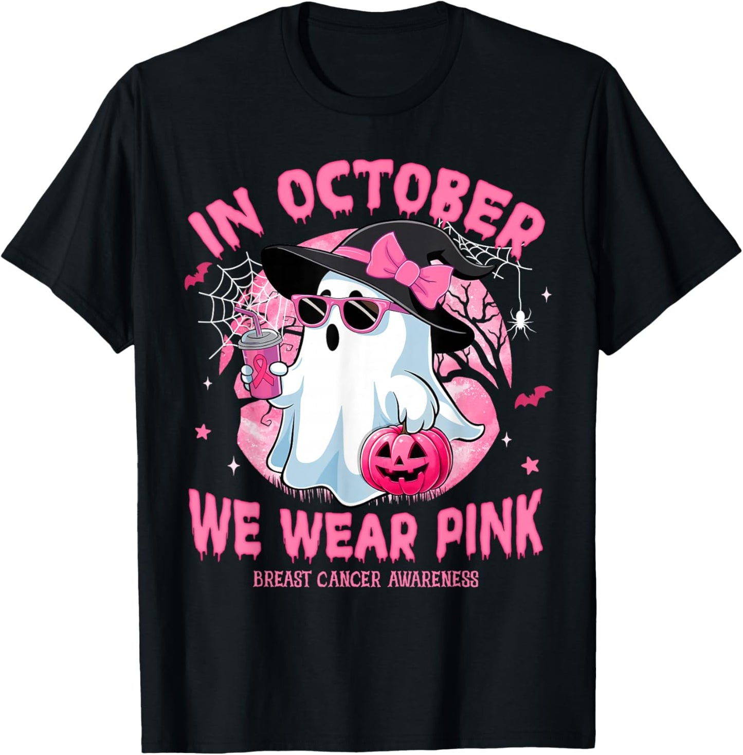 Halloween in October We Wear Pink Breast Cancer Awareness T-Shirt - T-Shirt | Black