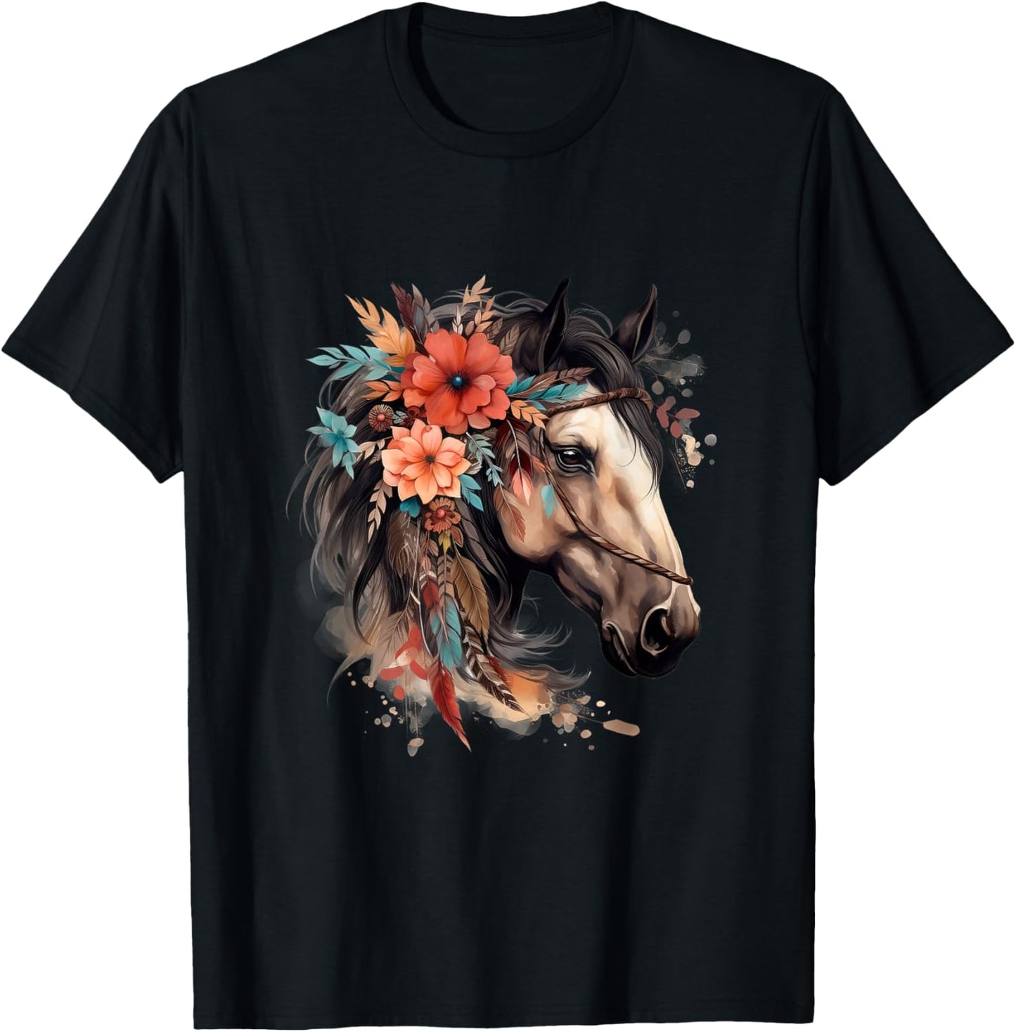Floral Wild Horse Country Horse Riding T-Shirt - T-Shirt | Black