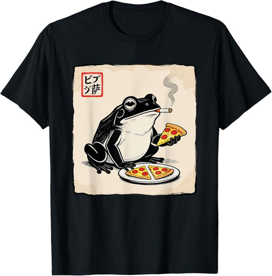 Pizza Frog Smoking Funny Frog Meme Gen Z Brainrot T-Shirt - T-Shirt | Black